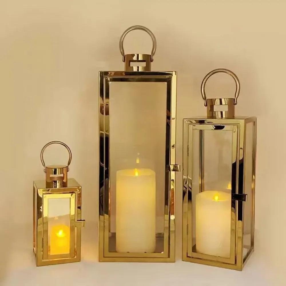 Stainless Steel Lantern Candlestick Eid Mubarak LED Wind Lamp Decor for Ramadan Kareem Aid Eid al-Fitr Home Wind Lantern Decor