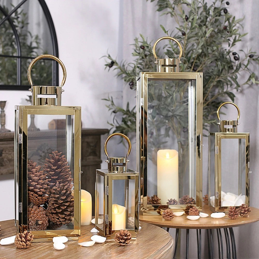 Stainless Steel Lantern Candlestick Eid Mubarak LED Wind Lamp Decor for Ramadan Kareem Aid Eid al-Fitr Home Wind Lantern Decor
